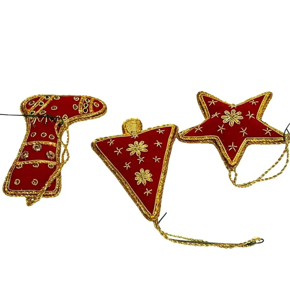 Vintage red cloth & gold cord ribbon trim Christmas tree ornaments handmade - Picture 5 of 7